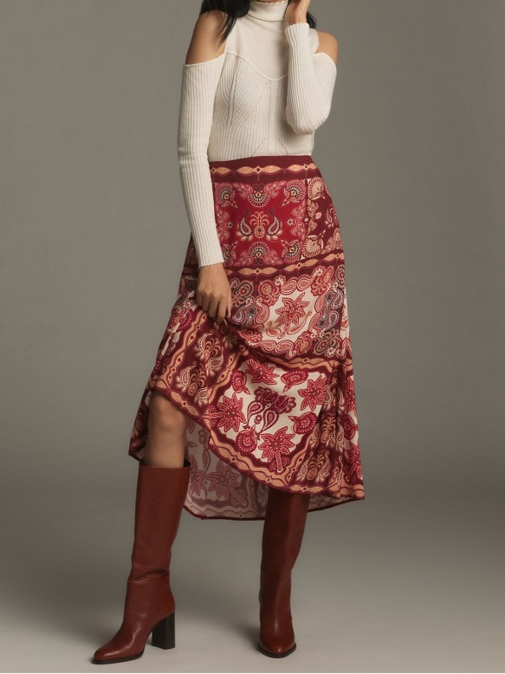 Farm Rio Red Paisley Bohemian Slip Midi Skirt Size M